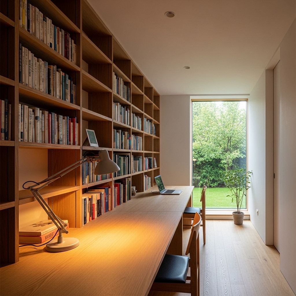 Minimalist and well-organized reading room with warm wooden shelves filled with books, a desk lamp casting warm focused light, and a large window showing a calm green garden, representing a dedicated space for learning and research