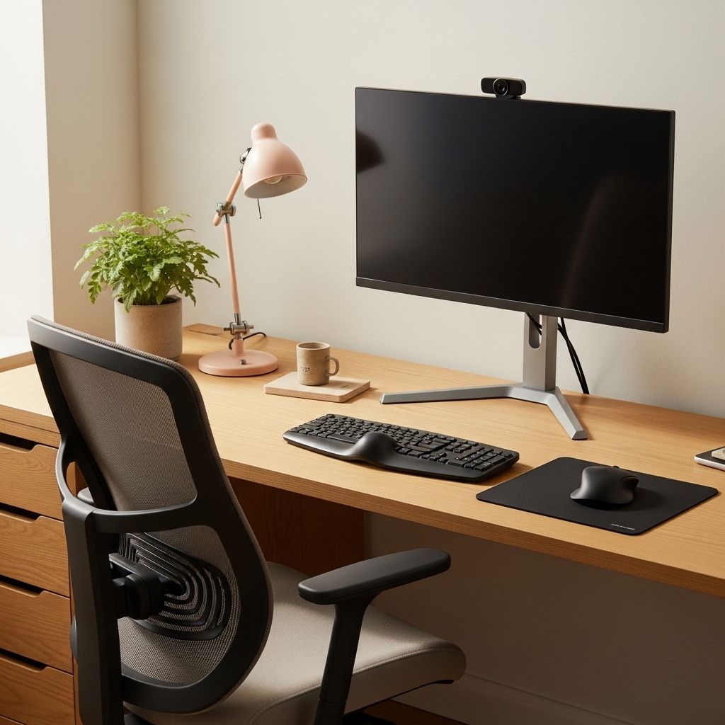 Organized ergonomic desk setup with a properly positioned monitor at eye level, a supportive chair, a desk plant, soft adjustable task lamp and ergonomic mouse pad on a clean light wood desk