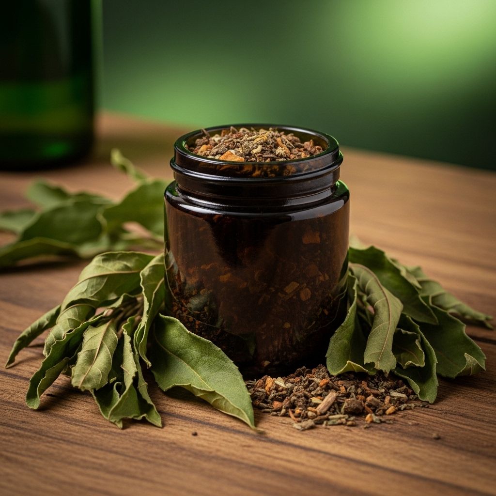 Dark glass jar with botanical ingredients and dried herbal leaves arranged around it on a rustic wooden surface, with soft green ambient lighting suggesting natural plant-based formulation