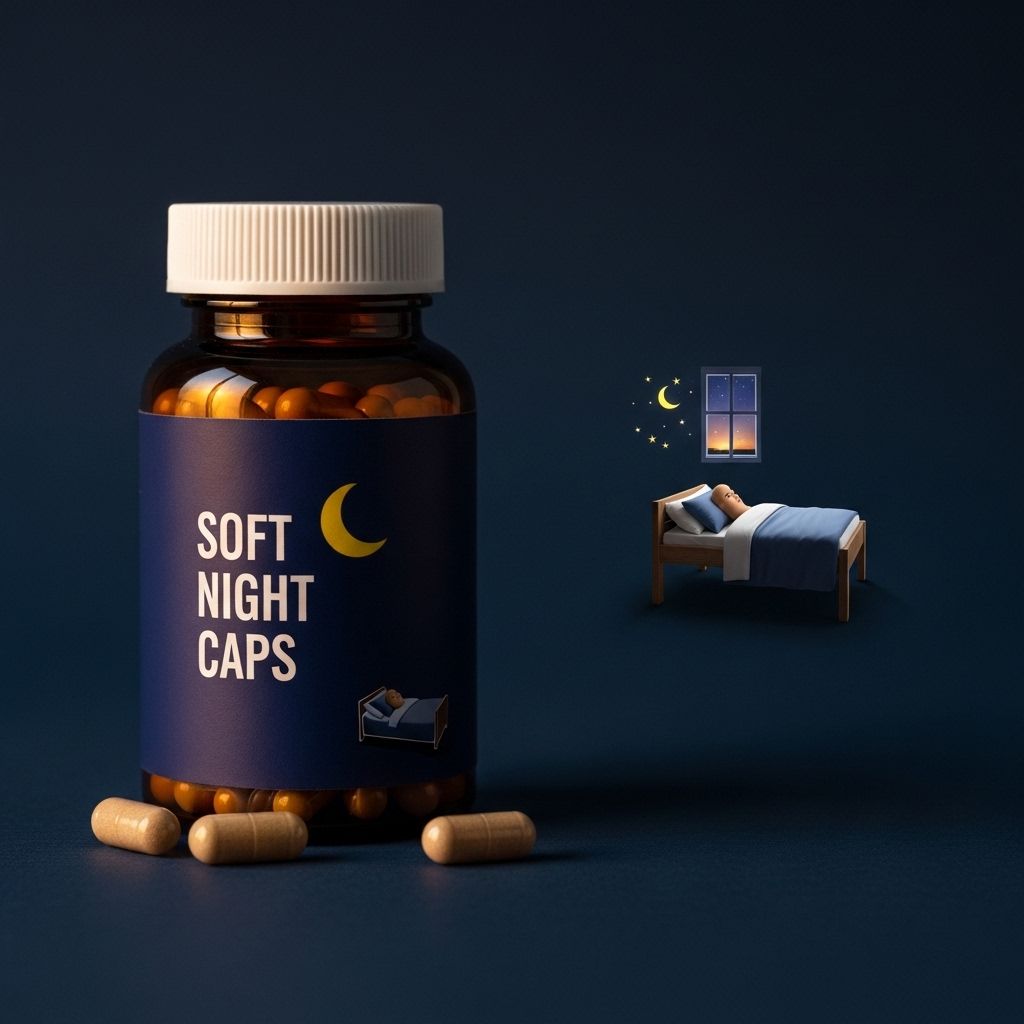Soft capsule supplement bottle on a dark navy background with a small night sky window reflection and a single sleeping area in the background, representing nighttime rest and recovery