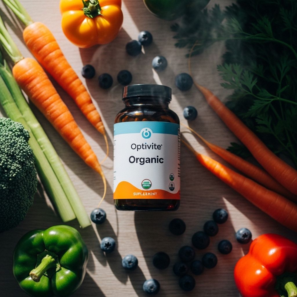 Amber glass supplement bottle labeled with a simple organic label, surrounded by fresh colorful vegetables and fruits including carrots and blueberries on a light wooden surface with natural morning light