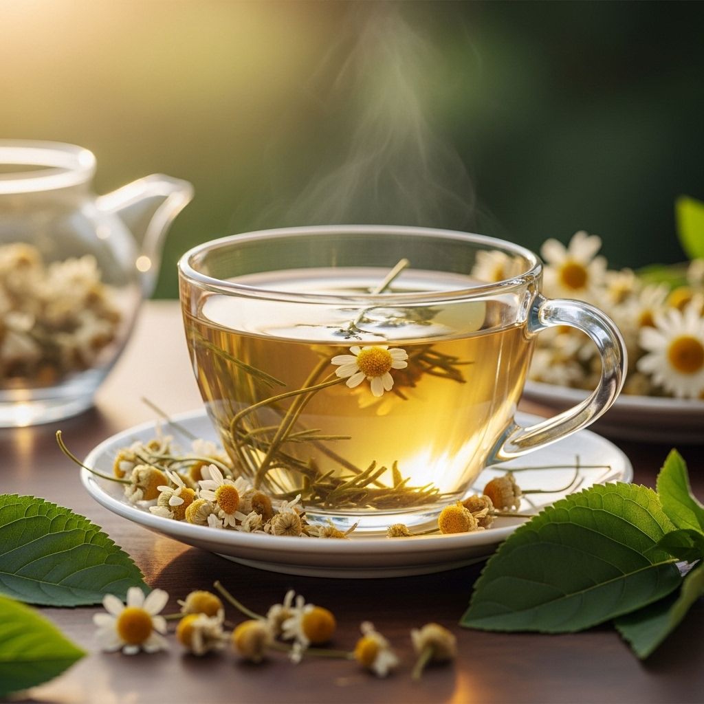 Elegant glass teacup with pale golden herbal infusion on a white ceramic saucer, surrounded by dried chamomile flowers and green leaves, with warm soft light and a calm meditative setting