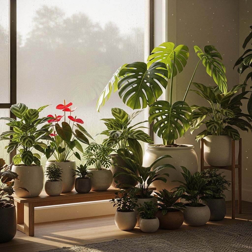Indoor tropical plant arrangement near a window with soft morning mist visible outside, creating a naturally humid and calming green home environment