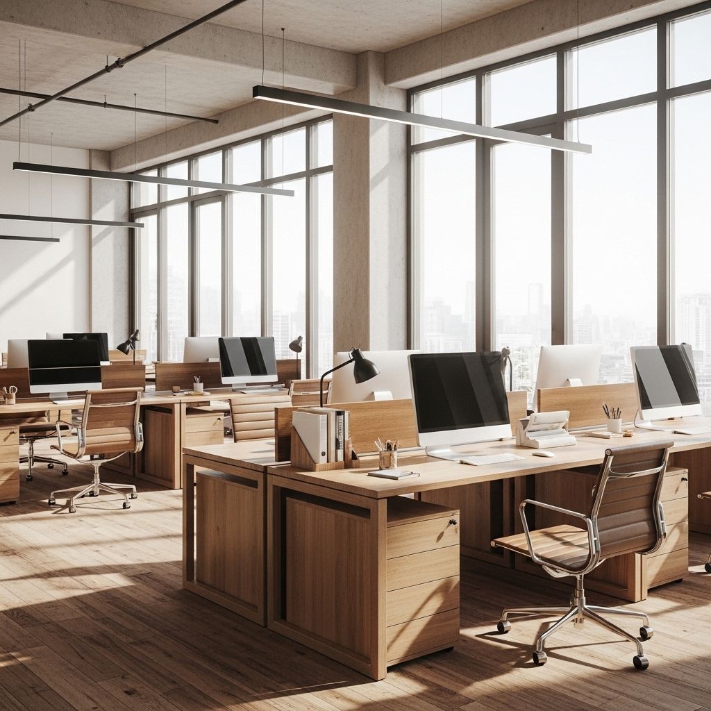 Modern bright open-plan office interior with large floor-to-ceiling windows, diffused natural daylight illuminating wooden workstations, and minimal glare on computer screens