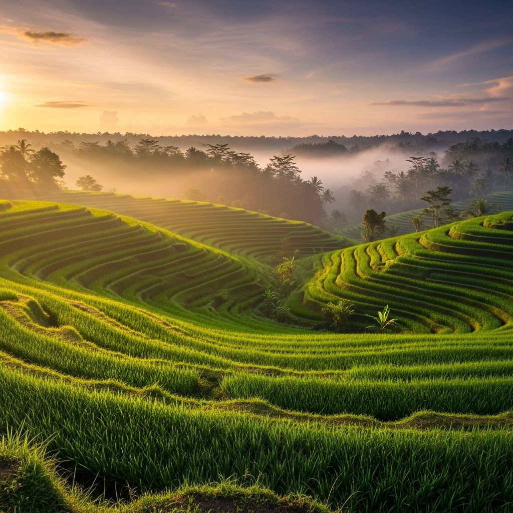 Serene tropical outdoor landscape with lush green rice terraces in Bali during golden hour, gentle mist in the valley and soft warm sunlight, representing natural visual environments