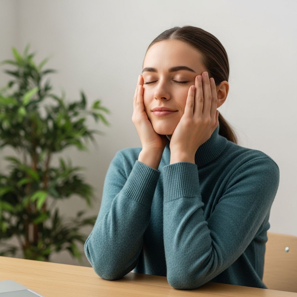 Young woman with eyes gently closed and hands covering her face in a palming relaxation pose, sitting at a quiet wooden desk with soft afternoon light and a small green plant in the background