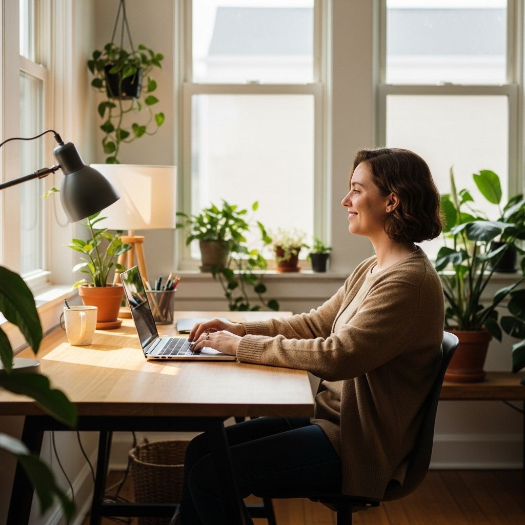 Person sitting at a well-lit wooden desk, looking relaxed and calm with a laptop at an ergonomic distance, surrounded by indoor plants and warm natural morning light streaming through large windows