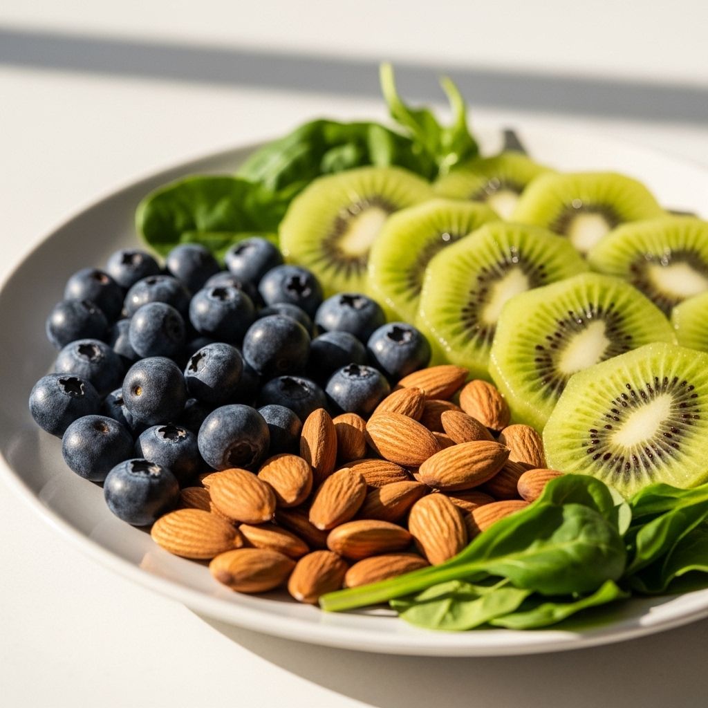 Close-up of a colorful plate with fresh blueberries, sliced kiwi, almonds, and leafy greens arranged neatly on a white ceramic plate under soft natural light
